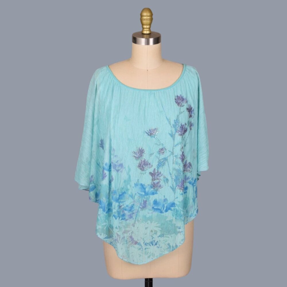 REBA RHINESTONE EMBELLISHED AQUA KNIT BATWING SLEEVE PONCHO TOP